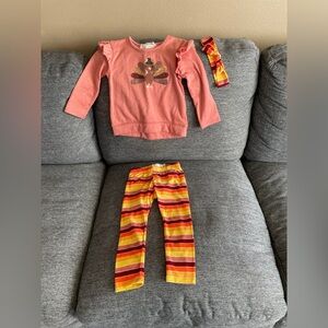 btween girls thanksgiving outfit with matching headband - 2t sequin turkey shirt